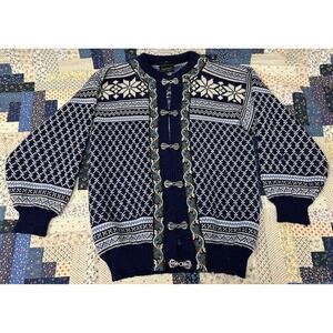 Vintage Norwool Norway 100% Wool Cardigan Blue/White Size Med